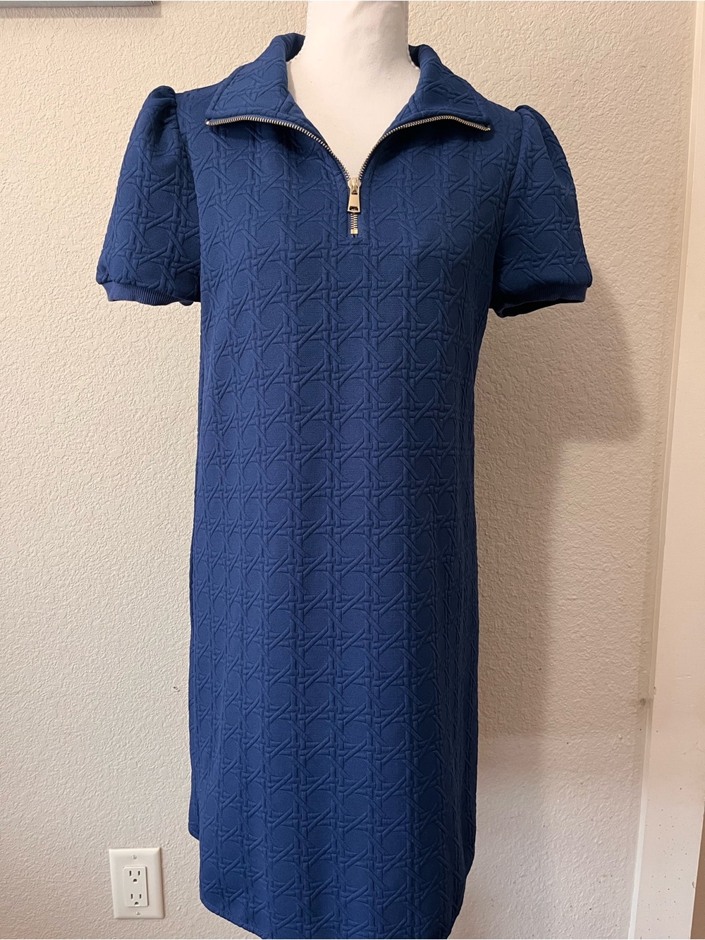 SSYS Navy Blue Textured Lattice Short Sleeve 1/4 Zip Dress